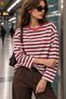 Women's Burgundy Striped Printed Oversize Crew Neck Long Sleeve T-Shirt - 2
