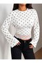 White Polka Dot Spanish Long Sleeve Round Neck Lace Detailed Crop Blouse - 3