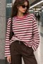 Women's Burgundy Striped Printed Oversize Crew Neck Long Sleeve T-Shirt - 4