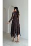 Women's Brown Asymmetrical Cut Boat Neck Long Sleeve Tulle Evening Dress - 3