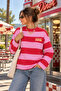 Women's 100% Cotton Oversize Striped Sweatshirt with Crew Neck - 5