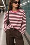 Women's Burgundy Striped Printed Oversize Crew Neck Long Sleeve T-Shirt - 6