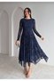Women's Navy Blue Asymmetrical Cut Boat Neck Long Sleeve Tulle Evening Dress