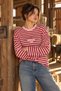 Women's Red Striped Oversize Crew Neck Long Sleeve T-Shirt - 7