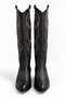 Black Leather Embroidered Pointed Toe Block Heeled Zipper Detailed Western Cowboy Long Boots