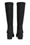 Black Suede Textured Pointed Toe High Thick Heeled Zipper Detailed Below the Knee Boots - 3