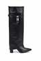 Black Leather Textured Pointed Toe Low Square Heeled Boots with Metal Accessory Detail and Zipper - 3