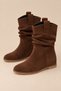 Brown Suede Textured Hidden Wedge Heeled Round Toe Casual Boots with Drawstring Detail
