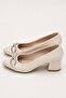 Beige Faux Leather Textured Pointed Toe Five Centimeter Thick Heeled Classic Shoes with Stone Detail - 2
