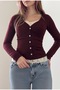 Burgundy Buttoned Long Sleeve Blouse with Lace Collar and Waist Detail