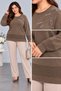 Women's Crew Neck Branch Leaf Embroidered Stone Detailed Textured Knitwear Sweater C27061-Brown - 3