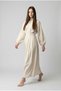 Linen Belt Detail, Elastic Sleeves, Unlined, Crew Neck Dress - 2