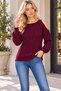 Women's Long Sleeve Round Neck Off Shoulder Hair Braided Embossed Detailed Soft Textured Stylish Elegant Casual Burgundy Knitwear Sweater