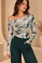 Women's Ecru Green Tie-Dye Patterned Off-Shoulder Boat Neck Viscose Long Sleeve Blouse - 2