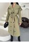 Long Trench Coat with Multi-Button Front, High Collar, Folded Belt, and Long Train - 2