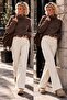 Cream Color Belted Jean Denim Trousers - 3
