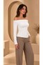 Women's Ecru Off-Shoulder Boat Neck Long Sleeve Viscose Elastane Blouse - 6