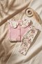 Baby Girl Pink Floral Detailed Baby Collar Buttoned Cardigan and Ribbed Leggings Two-Piece Set - 100% Cotton Yum - 6