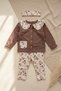 Baby Girl Brown Floral Detailed Baby Collar Buttoned Cardigan and Ribbed Leggings Two-Piece Set - 100% Cotton Yum - 2