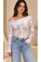 Women's Powder Cream Tie-Dye Patterned Off-Shoulder Boat Neck Long Sleeve Viscose Elastane Blouse - 7