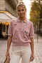 Pastel Pink Polo Collar Short Sleeve Half Placket Buttoned Dog Appliqué Long Back Knitwear Sweater 58 60 - 4