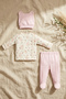 100% Cotton 3-Piece Baby Girl Set - Rabbit Patterned Kimono Top, Pants with Booties, and Eared Beanie Set - 3