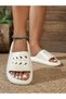 Womens White Leaf-Patterned Comfort Slippers - 4