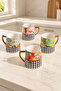 Fruit Patterned Porcelain Mug – Decorative Coffee and Tea Cup with Checkerboard Detailed Gold Handle