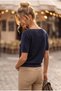 Navy Blue Boat Neck Short Sleeve Glittery Hem Lycra Knit Casual Knitwear Sweater 57 60 - 7