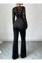 Black Plain Straight-Leg Jumpsuit with Lace Sleeves - 2