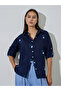 Navy Blue Floral Embroidery Long Sleeves Shirt