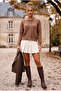 Brown Polo Collar Cuffed Sleeves Tie-Up Front Decorative Buttoned Non-Opening Stitched Knitwear Sweater 60 60 - 5