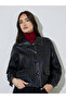 Black Contrast Trims Faux Leather Short Bomber Jacket - 3