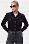 Women's Daniel Lined Pocket Detailed Buttoned Crop Lux Black Jacket - 2