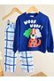 Boy's Woof Lettering and Dog Print Sweatshirt Checkered Gabardine Denim Trousers Top and Bottom Set - 2
