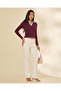 Women Burgundy Contrast Collar Ribbed Top - 2