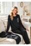 Cute Teddy Bear Printed Women's Pajama Set Long Sleeve Crew Neck Cotton Comfortable Home Wear Black - 2