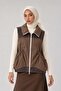 Drawstring pocket zippered vest dark brown
