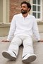 Men's Zippered Polo Collar White Knit Sweater - 6
