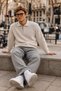 Men's Half Zip Polo Collar Cream Knit Sweater - 6