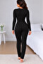 Women's Black Teddy Bear Printed Long Sleeve Buttoned Pajama Jumpsuit - 6
