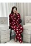 Burgundy Teddy Bear Patterned Collared Buttoned Long Sleeve Berlin Camisole Pajama Set - 4