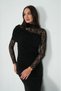 Women's Black Sandy Fabric Turtleneck Front Draped Detail Sleeves Lace Evening Dress - 2