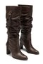 Women's Brown Buckle Detailed Drawstring Below the Knee Thick High Heel Boots