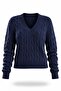 Navy Blue V-Neck Hair Knit Sweater 190877