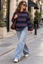Women's Striped Polo Collar Buttoned Contrast Detailed Loose Long Sleeve Sweatshirt - 2