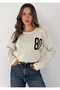 Women's Beige Embroidery Detailed Contrast Ribbed Crew Neck Loose Long Sleeve Knitwear Sweater - 2