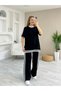 Women's Short Sleeve Crew Neck Double Color Stripe Detailed Viscose Two Thread Blouse and Pants Double Set - 4