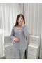 Gray Daisy Patterned Lace Detailed Patched Long Sleeve Berlin Pajama Set - 2