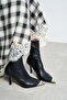 Eby Black Matte Front Accessory Detail Thin Heeled Zippered Pointed Toe Women's Stretch Boots - 3